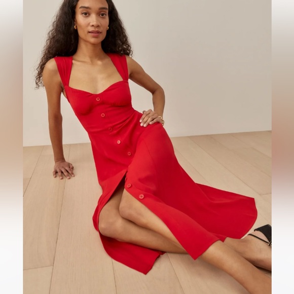 Reformation | Red Tayler Midi Dress Size 4 Sweetheart Neck Ties Back - Picture 4 of 9